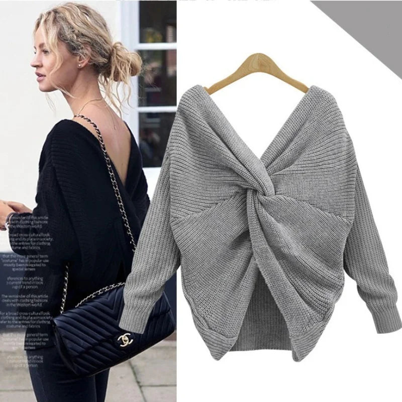 Women Autumn Winter V-neck Sweater Sexy Backless Reversible Pullovers Tops New Fashion Solid Irregular Cross-knotting Knitwear