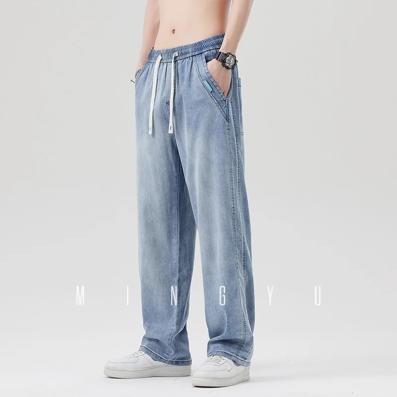 High Quality Spring Summer Lyocell Fabric Men's Jeans Loose Straight Denim Pants Design Blue Casual Trousers Plus Size M-5XL