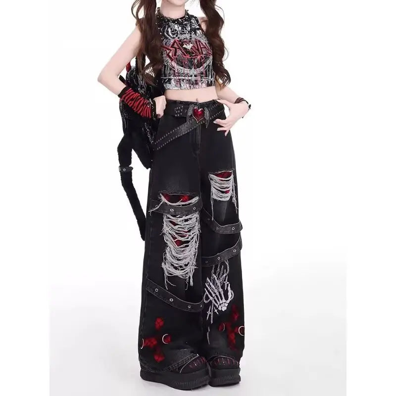 Y2k American-style hot girl ripped casual jeans for women straight-cut high-waisted loose wide-leg large-size floor-length pants