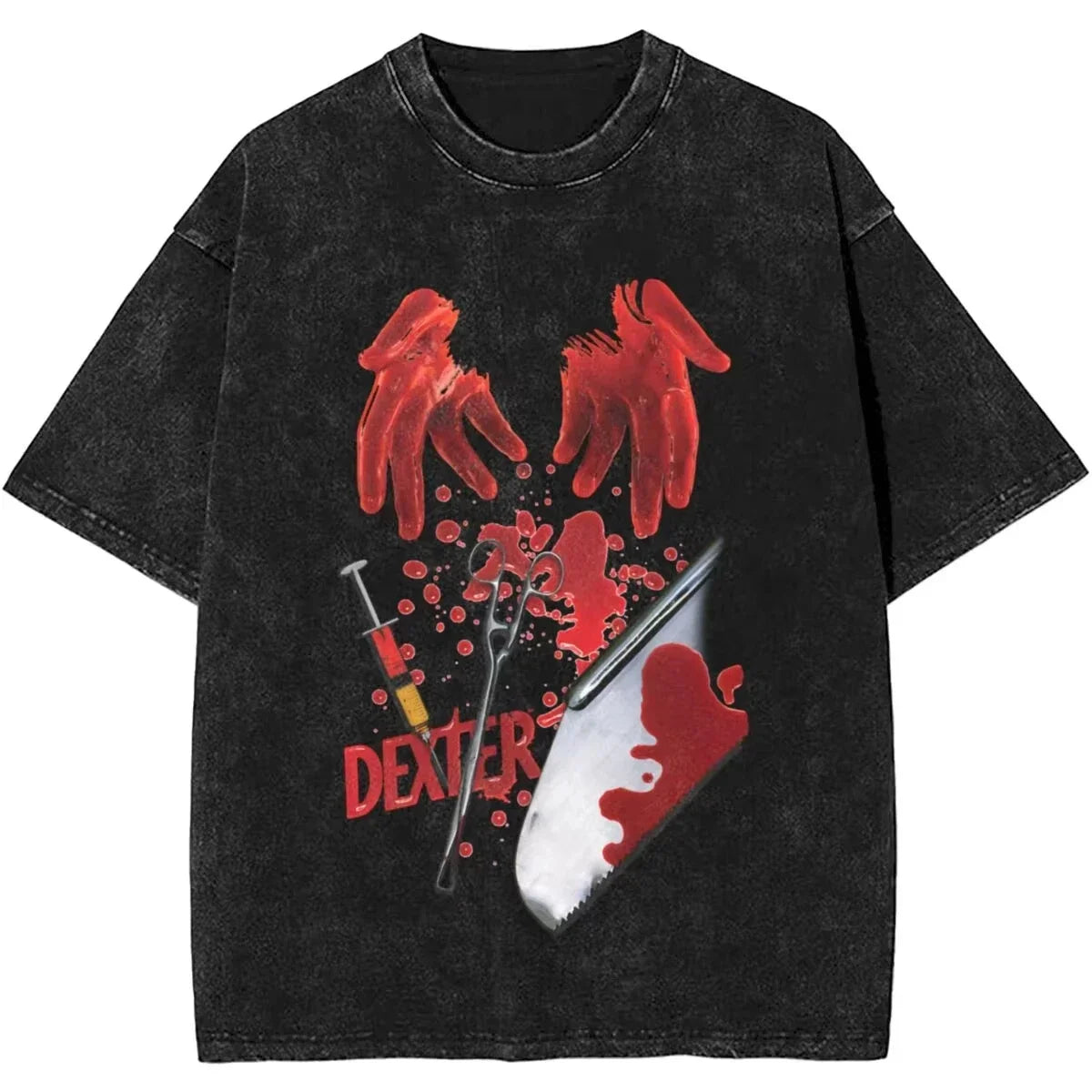 Mens T-Shirt Camisetas Short Sleeved Round Neck Y2k Tshirt New Dexter Morgan Edition Middle Finger Retro Trendy Vintage Washed