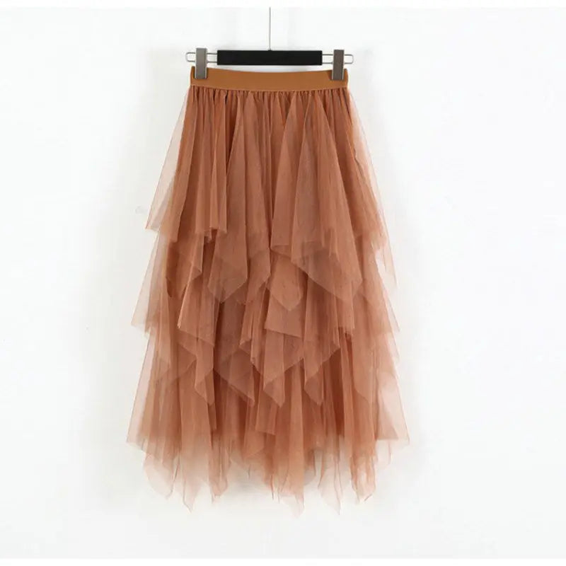 Irregular Mesh Splicing Half Skirt High Waist Mid Length Fairy Skirt, Sweet Versatile Over The Knee Long Skirt For Women