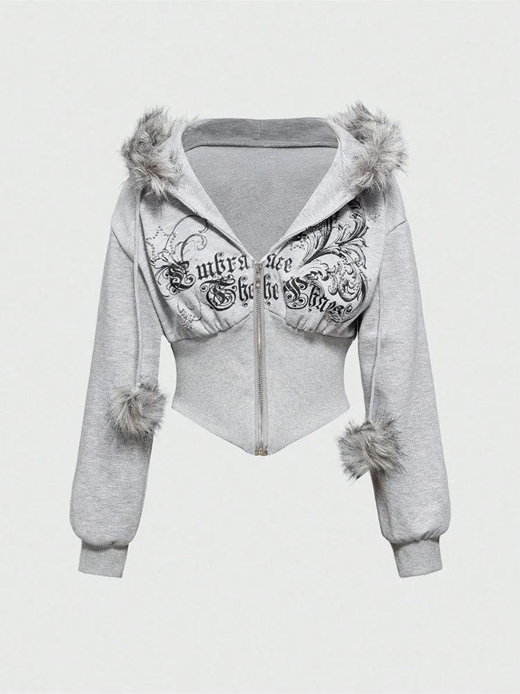 Winter Warm Gothic Print Hoodie Women's Faux Fur Crop Top Zip-Up Sweatshirt Fashion Y2K Streetwear Hooded Jacket 2026 New