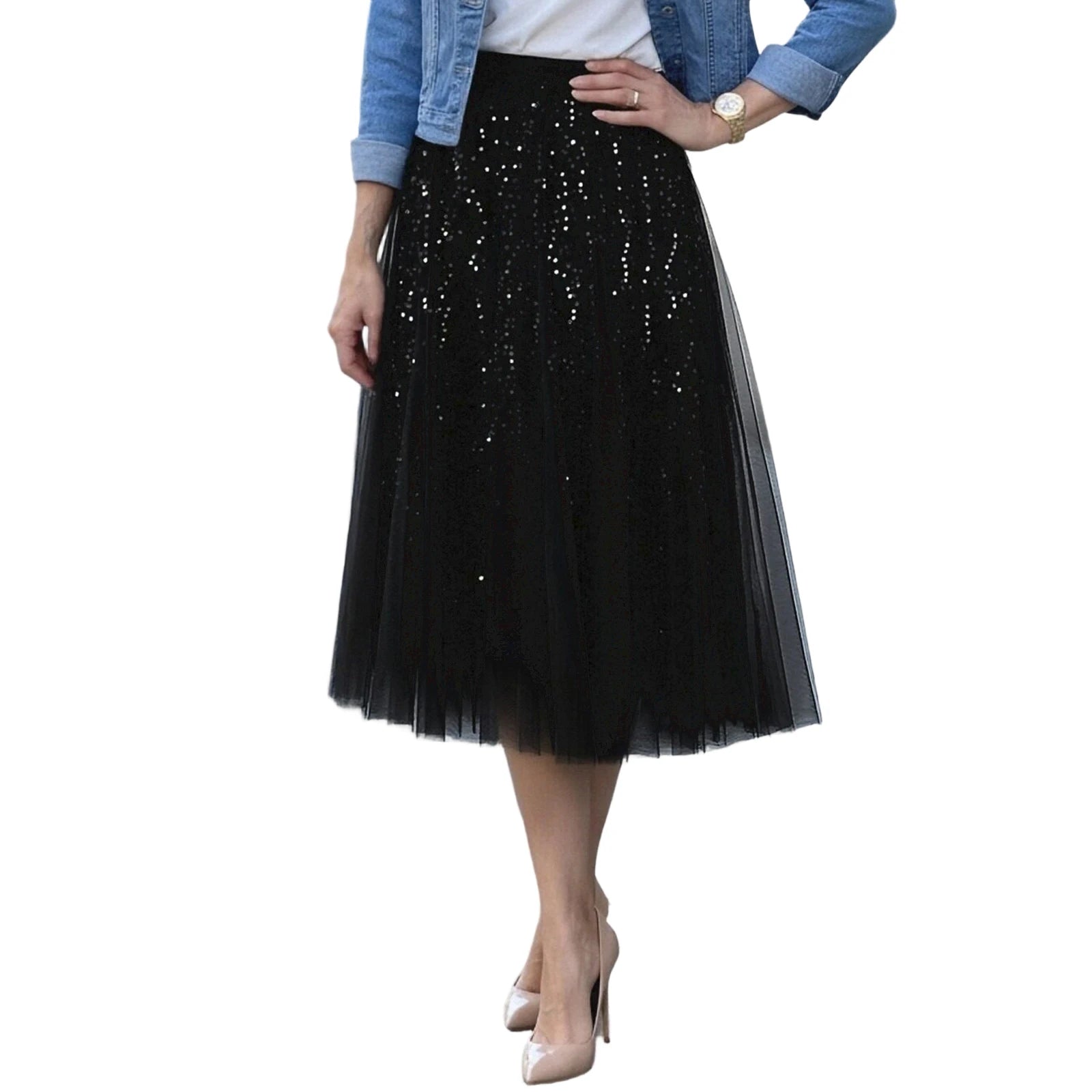 Elegant Sequin Embellished Knee-Length Mesh Skirt with Stretchy Waistband Perfect for Work Events and Nights Out