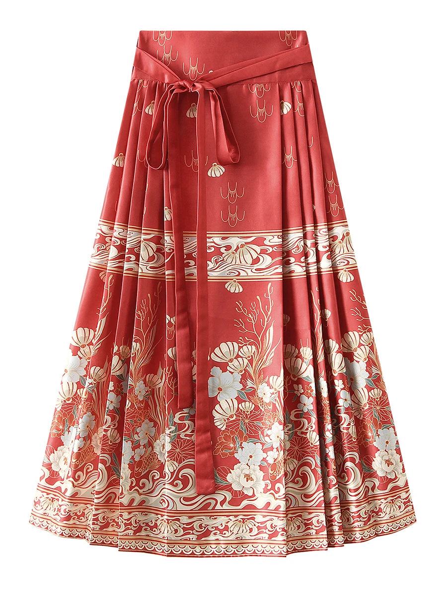 Women s Horse Face Skirt Elegant Phoenix Character Flower Print Pleated Tie Up A-Line Long Swing Skirt National Clothing