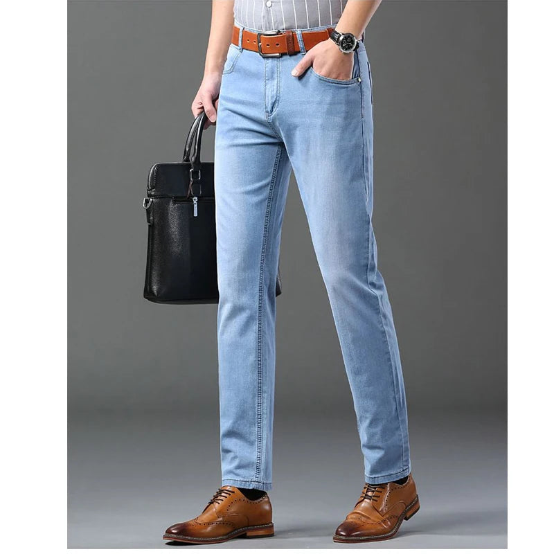 Men's Thin Jeans 2025 Summer New Style Business Casual Slim Fit Elastic Classic Style Trousers Sky Blue Pants Male size 28-40