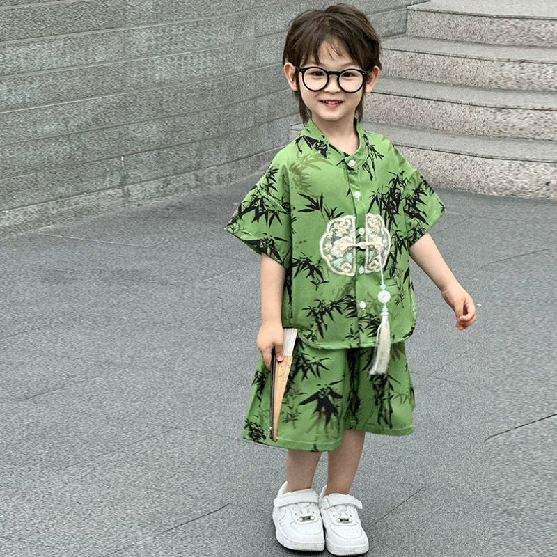 Summer Short Sleeve 2 Piece Set Boys Costume Kids Clothes Casual Boy Outfit Tang Style Hanfu Suit Baby Fashion Children's Sets