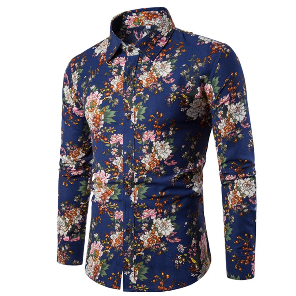 Plus Size Men Floral Print Casual Slim Fit Shirt Turn-down Collar Long Sleeve Shirt