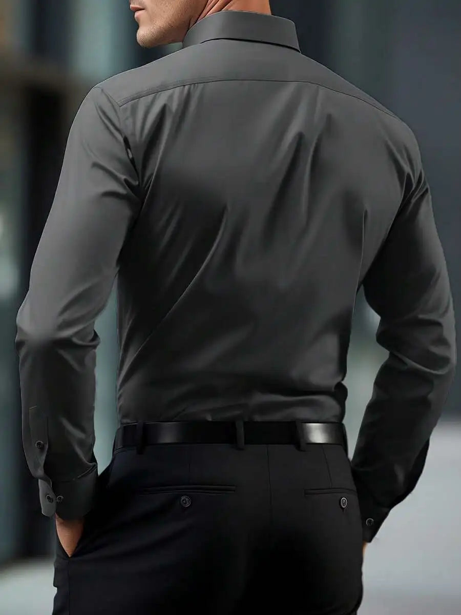 Men's Solid White Long Sleeve Single-Breasted Casual Commuter Shirt
