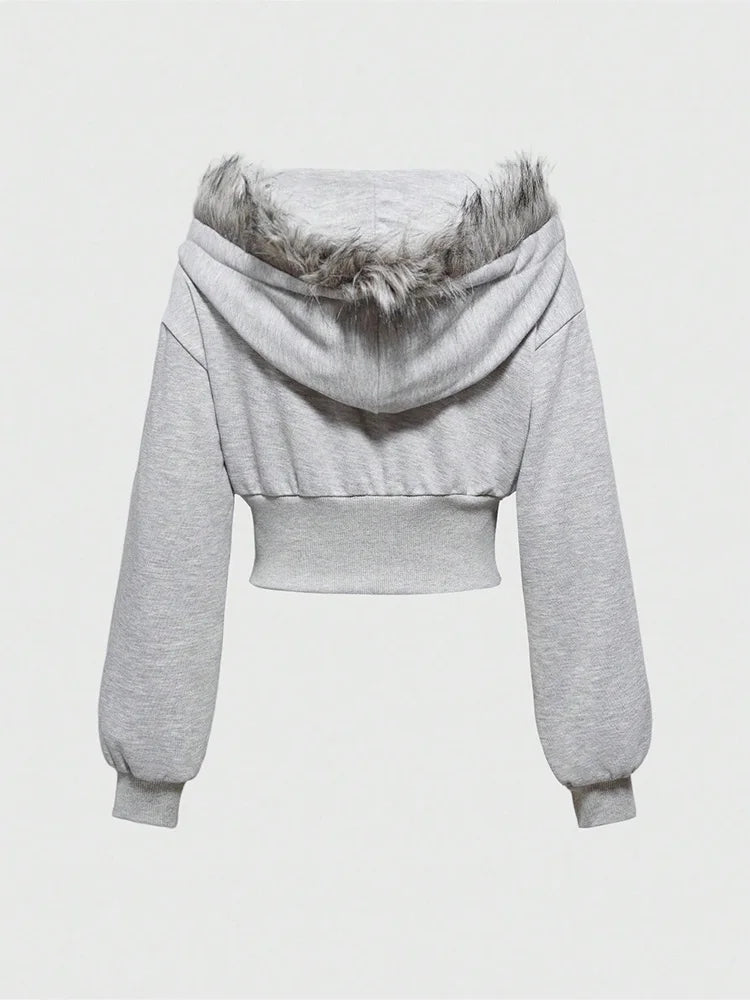 Winter Warm Gothic Print Hoodie Women's Faux Fur Crop Top Zip-Up Sweatshirt Fashion Y2K Streetwear Hooded Jacket 2026 New