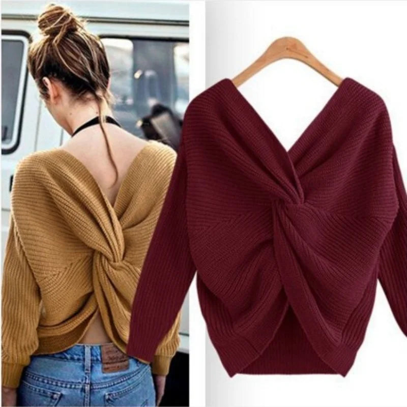 Women Autumn Winter V-neck Sweater Sexy Backless Reversible Pullovers Tops New Fashion Solid Irregular Cross-knotting Knitwear