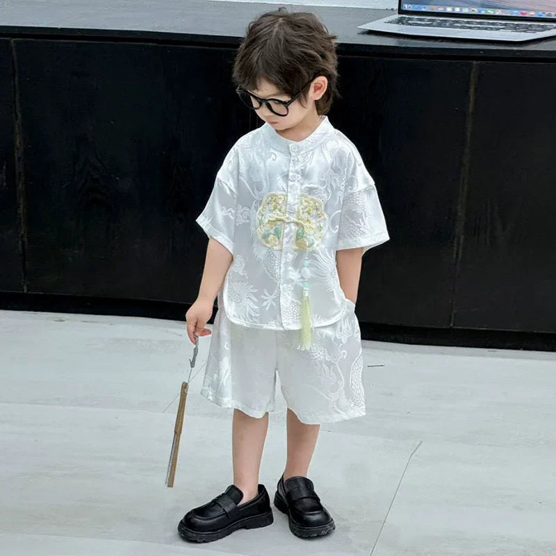 Summer Short Sleeve 2 Piece Set Boys Costume Kids Clothes Casual Boy Outfit Tang Style Hanfu Suit Baby Fashion Children's Sets