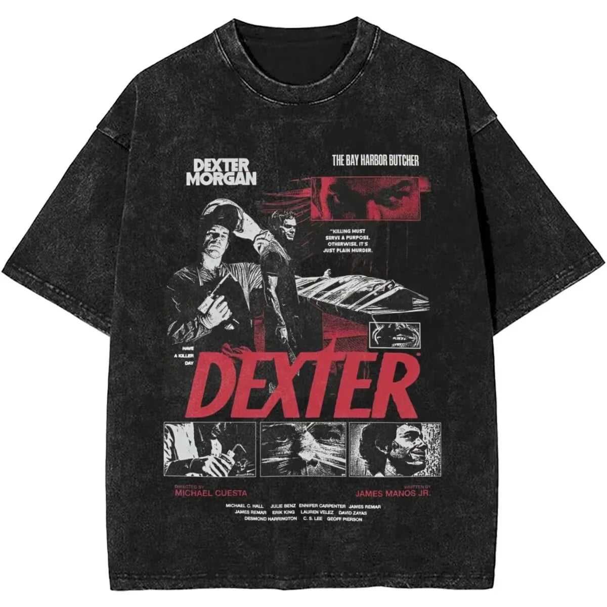 Mens T-Shirt Camisetas Short Sleeved Round Neck Y2k Tshirt New Dexter Morgan Edition Middle Finger Retro Trendy Vintage Washed