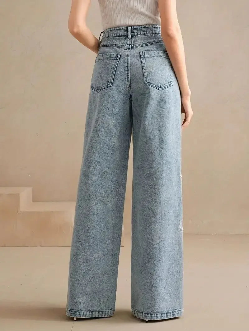 Women's plus Size Y2K Straight Leg Jeans Trendy Stretch Washed Denim Embroidery Design Comfortable Fashion