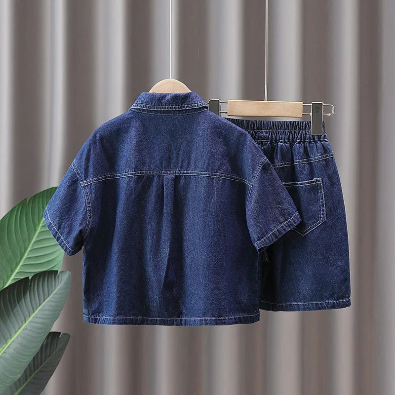 Boys Summer Denim Suit 2026 New Children's Baby Short Sleeved Shirt Shorts Two-piece Set  2Pcs Suits 2-10Years Old Casual Outfit