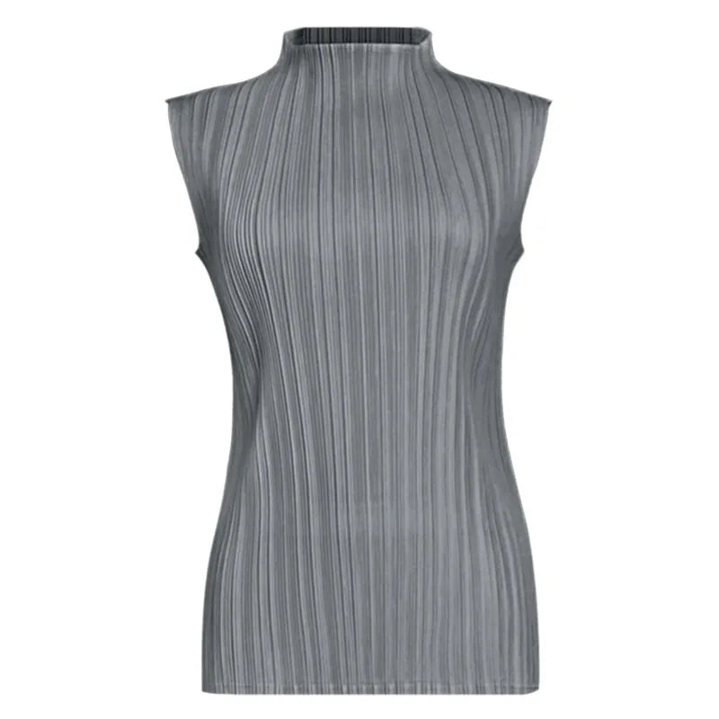 Miyake Pleated Elegant Fashion Temperament Solid Color Half High Neck Sleeveless Women's Vest 2025 Summer New Breathable Top