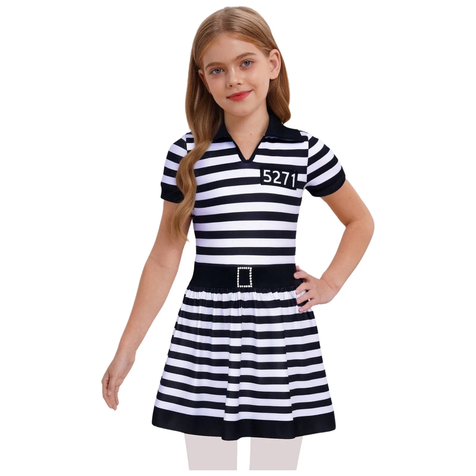 Kids Girls Prisoner Cosplay Costume Prison Jailbird Convict Uniform Long Sleeve Ruffled Striped Dress Halloween Party Dress Up