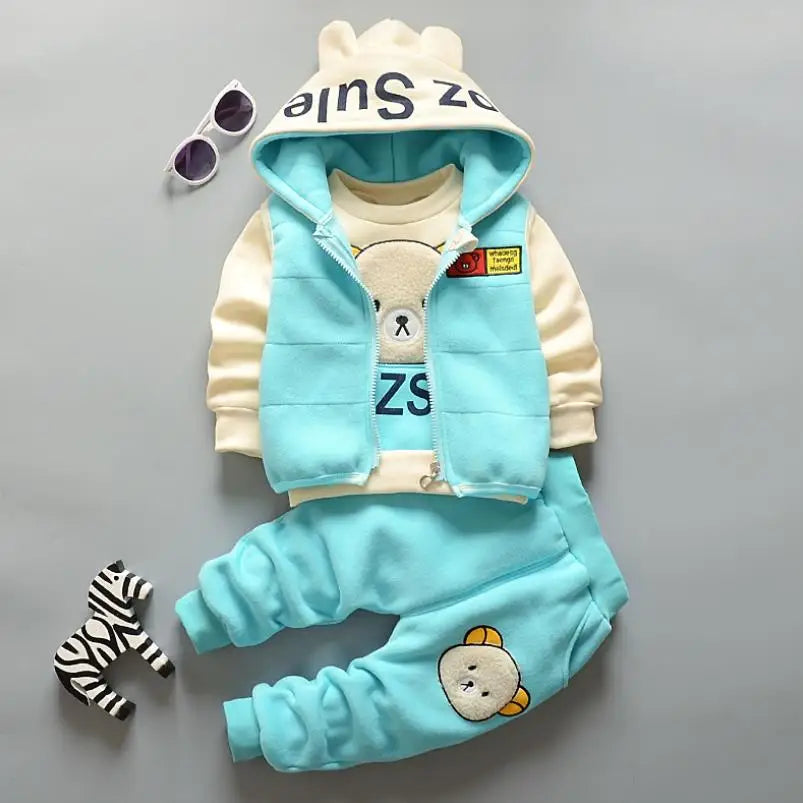 Baby Boys Sets Autumn Winter Thick Fleece Cartoon Bear Hooded Vest Coat Pants 3Pcs for Kids Casual Outfits Girls Warm Suit 0-5Y