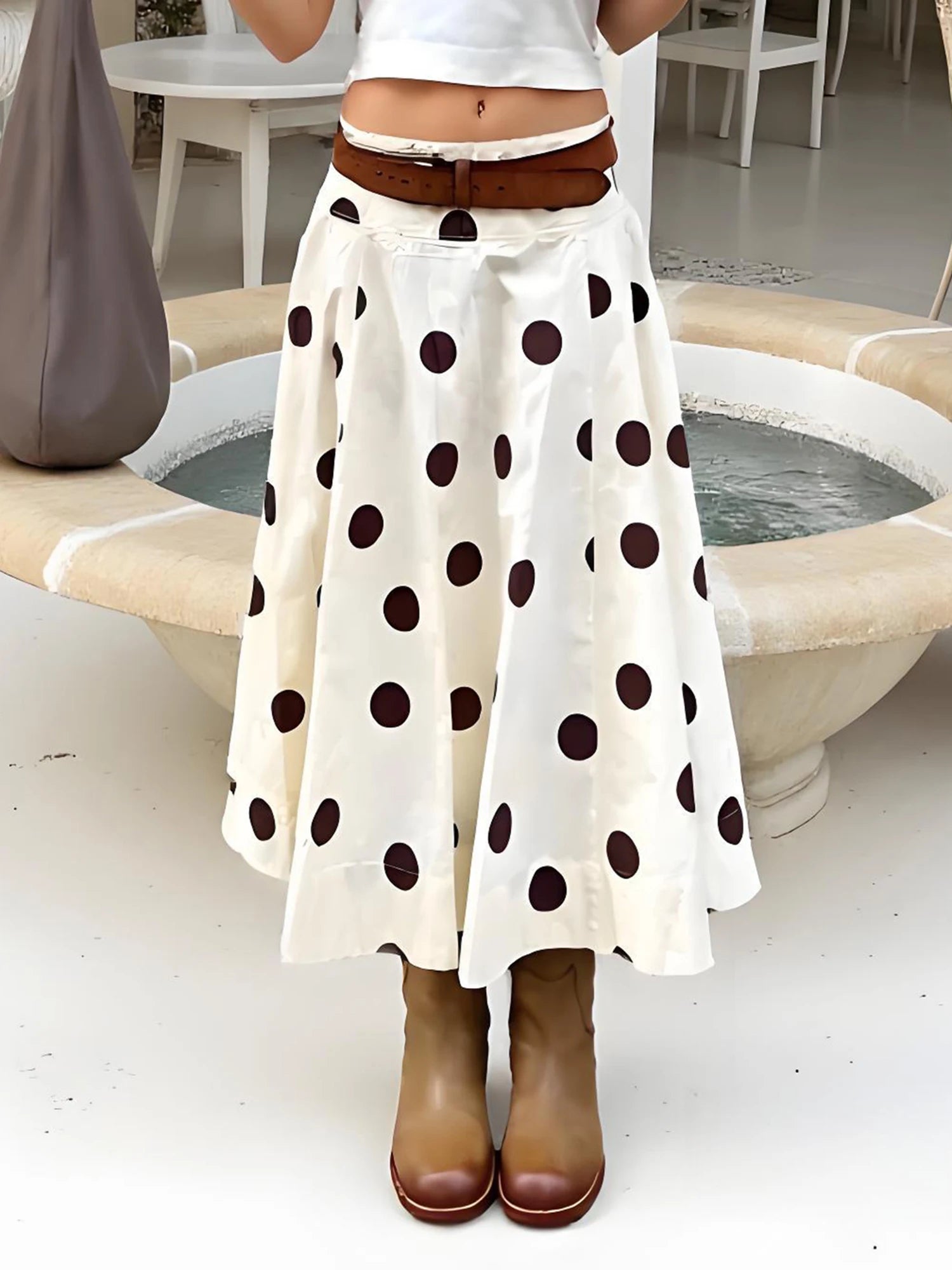 Women White A-Line Skirt Dots Print High Waist Midi Skirt Elegant Swing Skirts for Daily Leisure and Work
