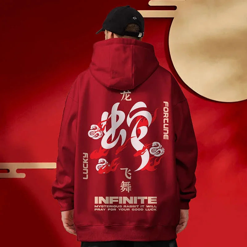 Spring Snake Year Chinese Character Printed Hoody For Men Hip Hop Fashion Y2K Hoodies Streetwear Oversized Hooded Sweatshirts