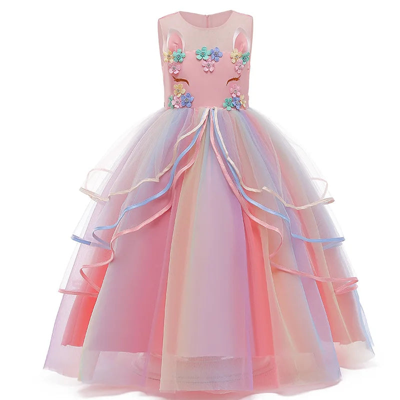 Kids Elegant Evening Dress For Carnival Girls Party Dresses Gown Children's Birthday Dress Bowknot Colorful Girl Princess Dress