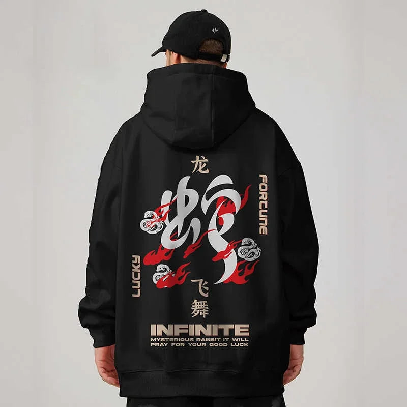 Spring Snake Year Chinese Character Printed Hoody For Men Hip Hop Fashion Y2K Hoodies Streetwear Oversized Hooded Sweatshirts