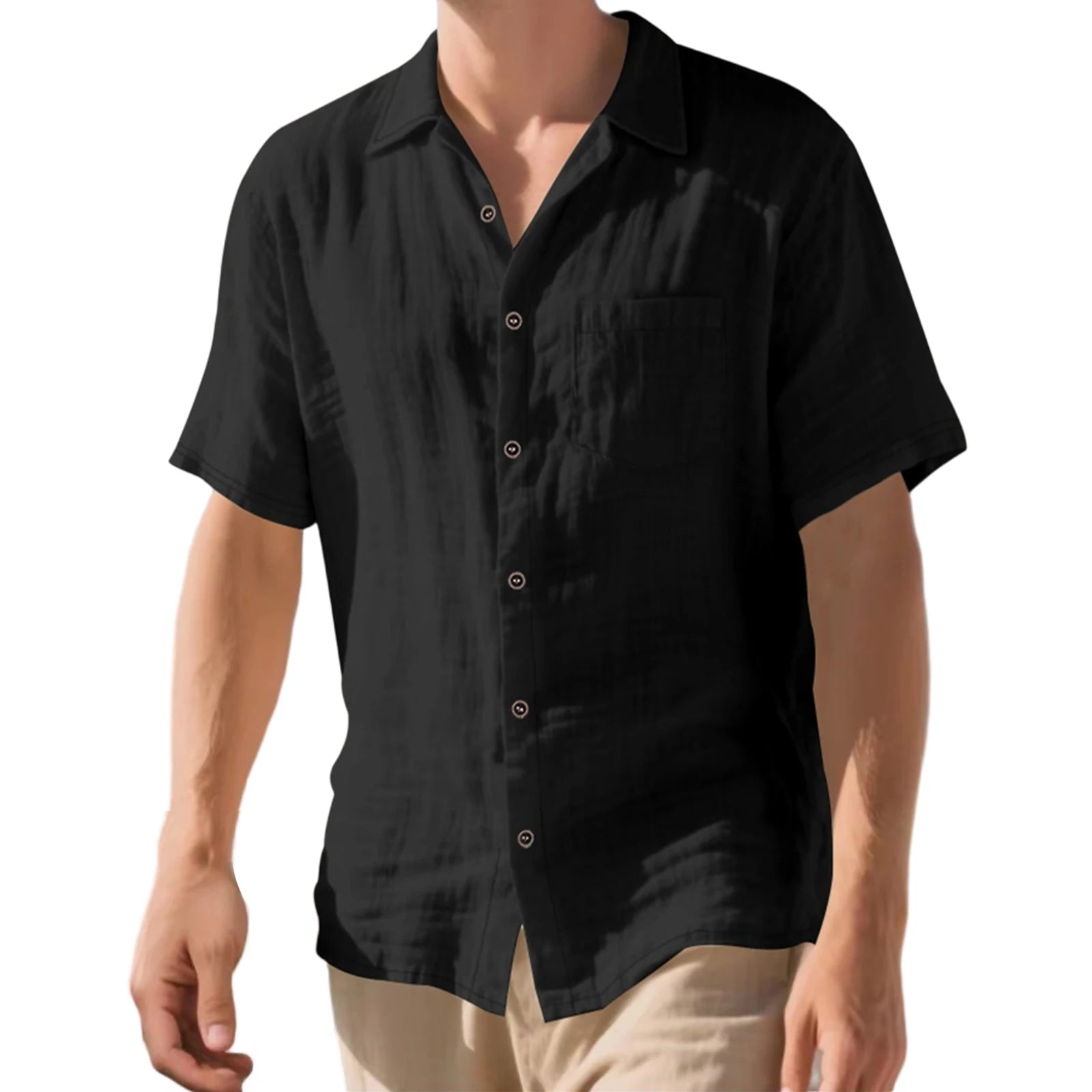 Men s Lightweight Linen Short Sleeve Button-Down Shirt Casual Solid Color Breathable Summer Tops Loose Fit Lapel Collar
