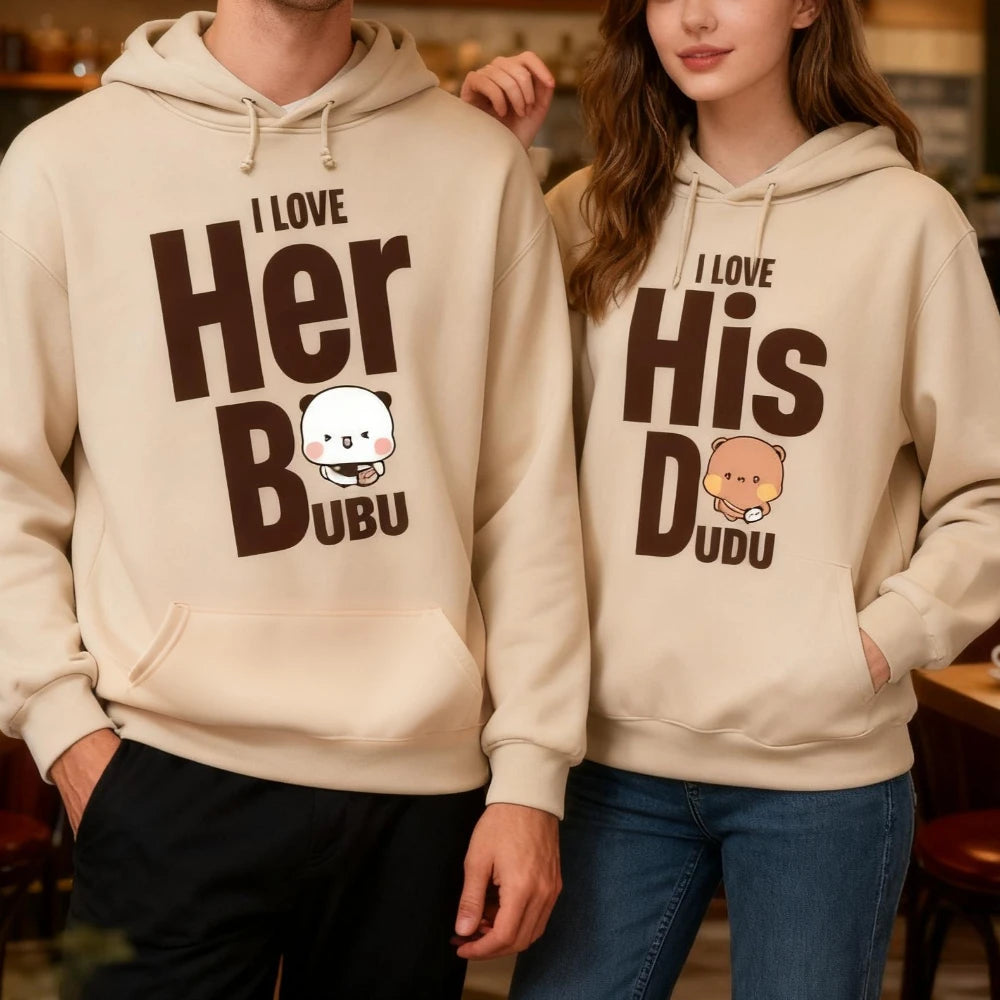 I LOVE HER HIS Bubu Dudu Bear Sweatshirt Cute Matching Couple Hoodies Anniversary Gift Clothing Men Women Casual Daily Life Tops