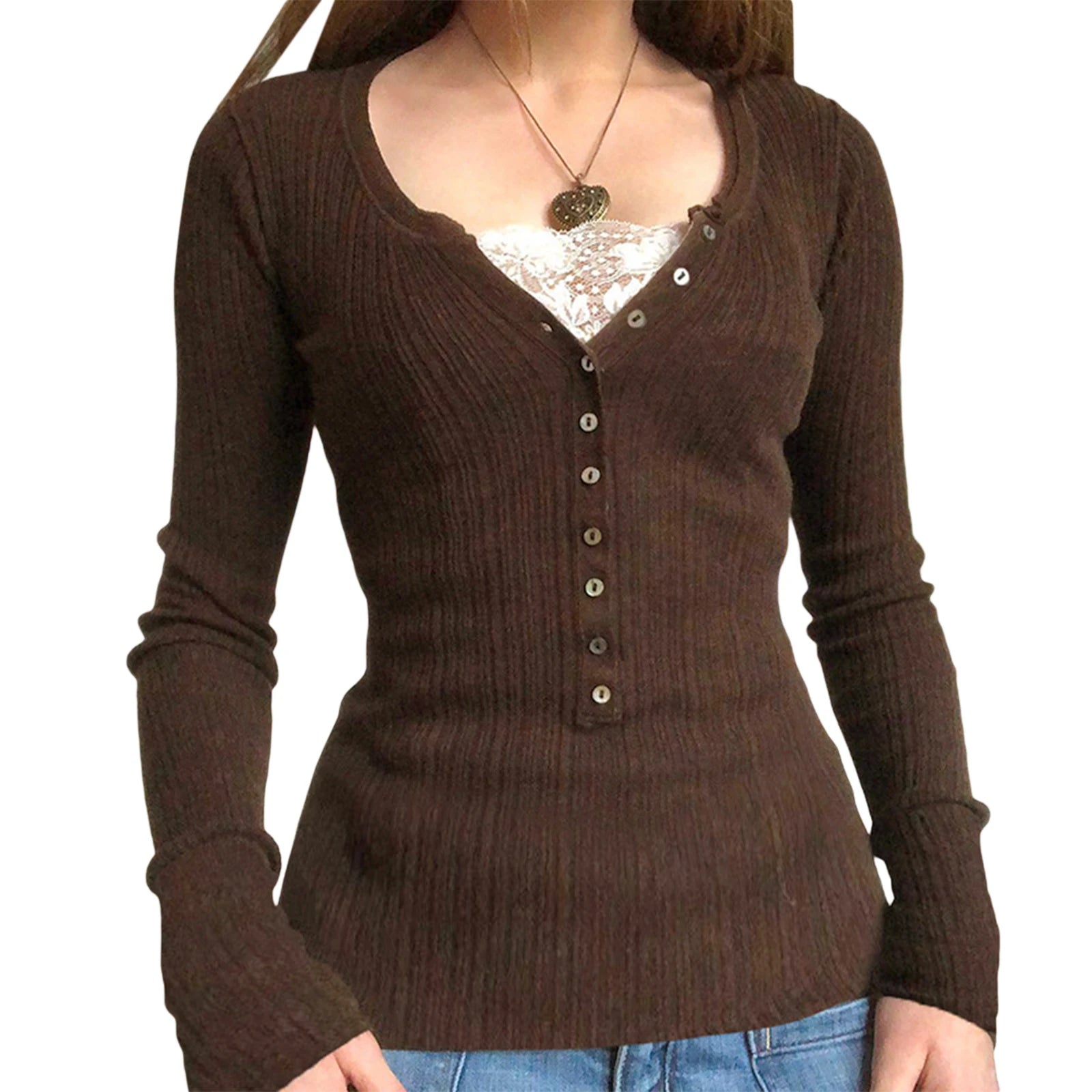 Women Button Front Knit Tops Long Sleeve Lace Patchwork Slim Fit Sweater Fall Fairy Grunge Gothic Y2K Clothes