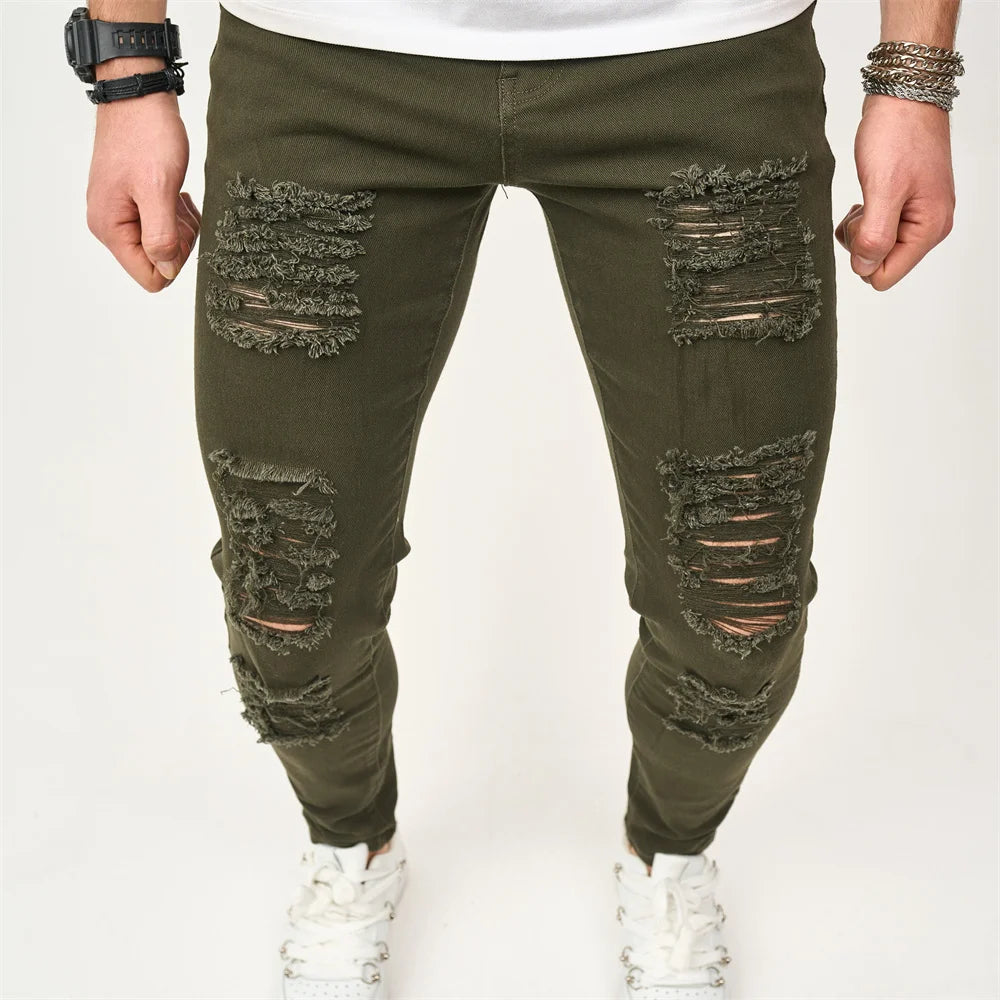 Street style Men Skinny Holes Beggar Jeans Good Quality Men's Distressed Stretch Slim Jogging Pencil Denim Pants Male Trousers