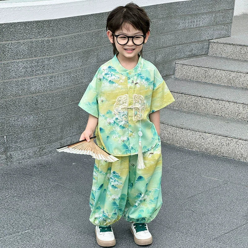 Summer Short Sleeve 2 Piece Set Boys Costume Kids Clothes Casual Boy Outfit Tang Style Hanfu Suit Baby Fashion Children's Sets