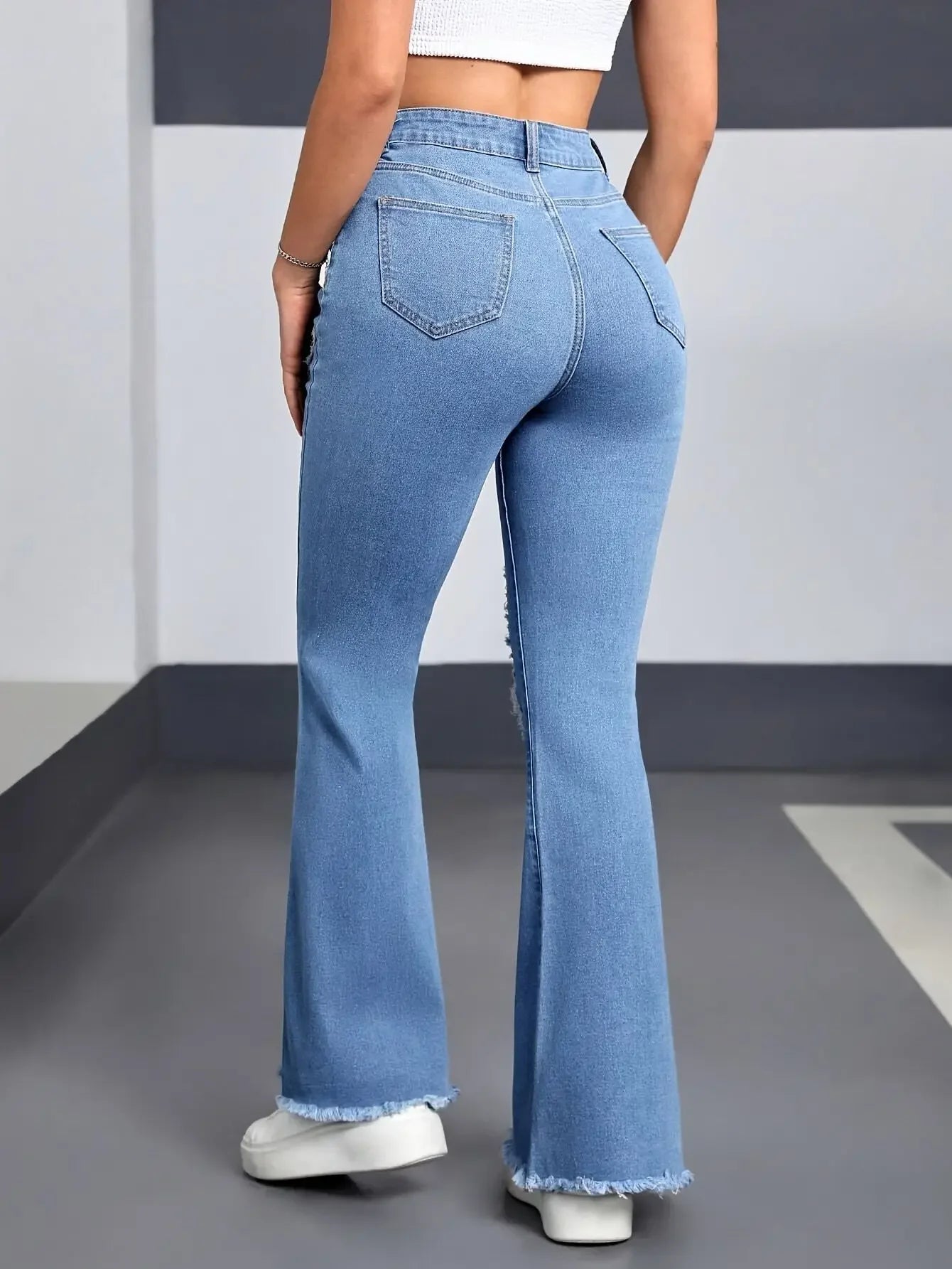 Y2K Blue Stretchy Heart Shaped Flared Jeans High Waist Retro Fashion Trendy Elastic Trousers for Women