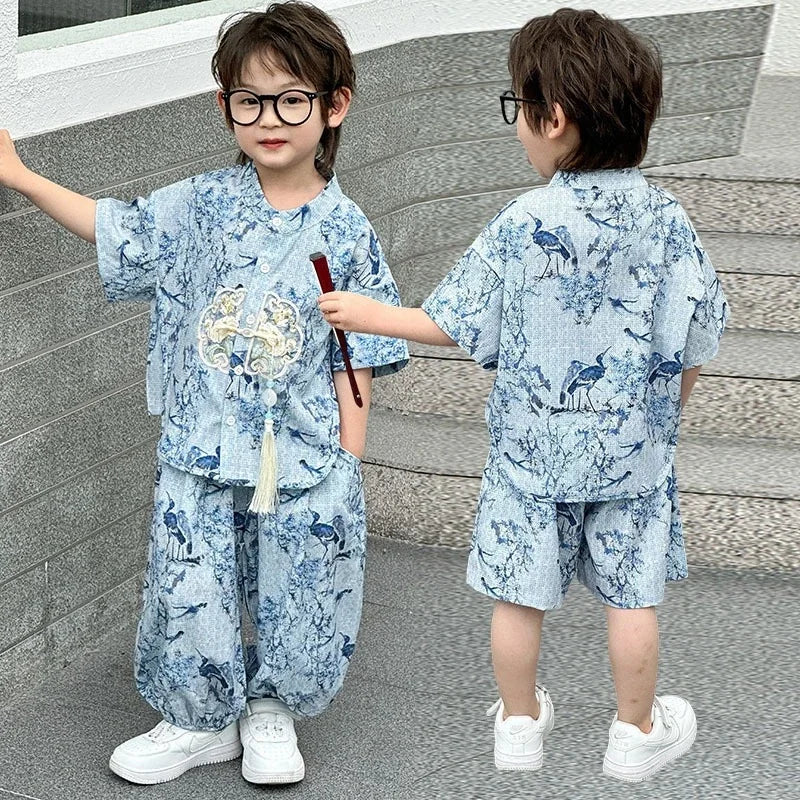 Summer Short Sleeve 2 Piece Set Boys Costume Kids Clothes Casual Boy Outfit Tang Style Hanfu Suit Baby Fashion Children's Sets