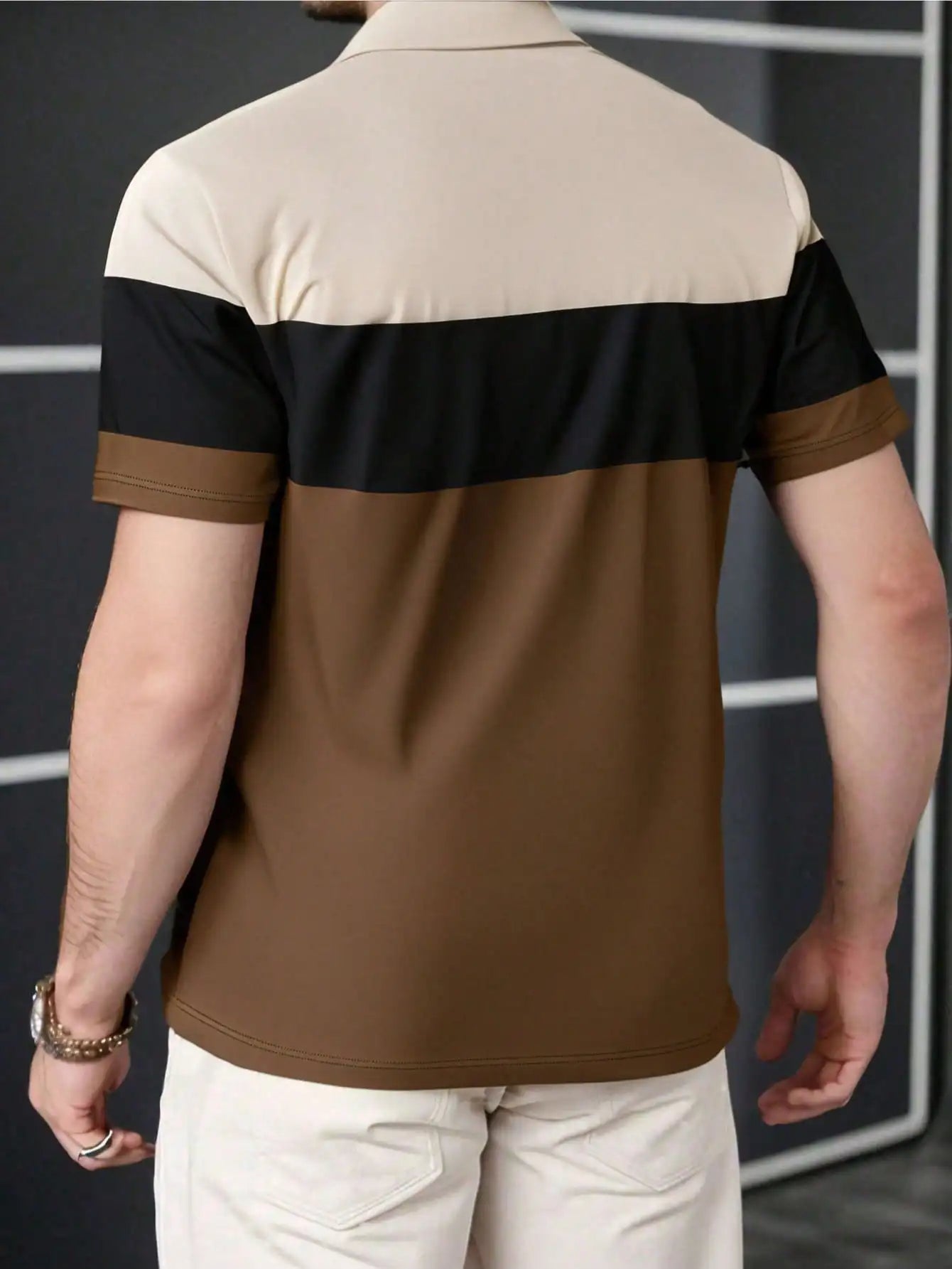 Men's Color-Block Short Sleeve Polo Shirt - Beige, Black & Brown, Casual Summer Wear