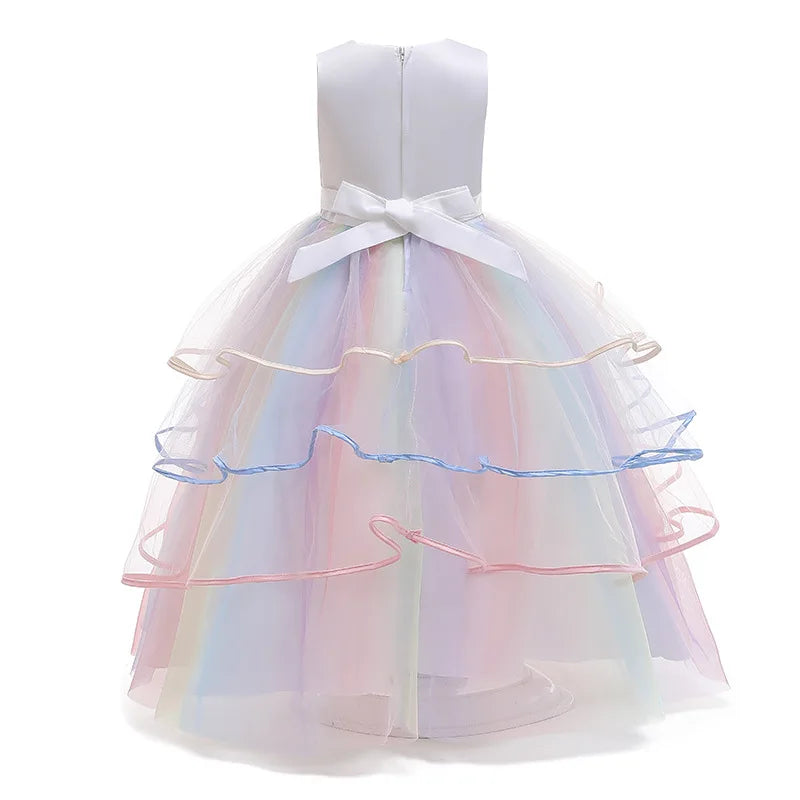 Kids Elegant Evening Dress For Carnival Girls Party Dresses Gown Children's Birthday Dress Bowknot Colorful Girl Princess Dress