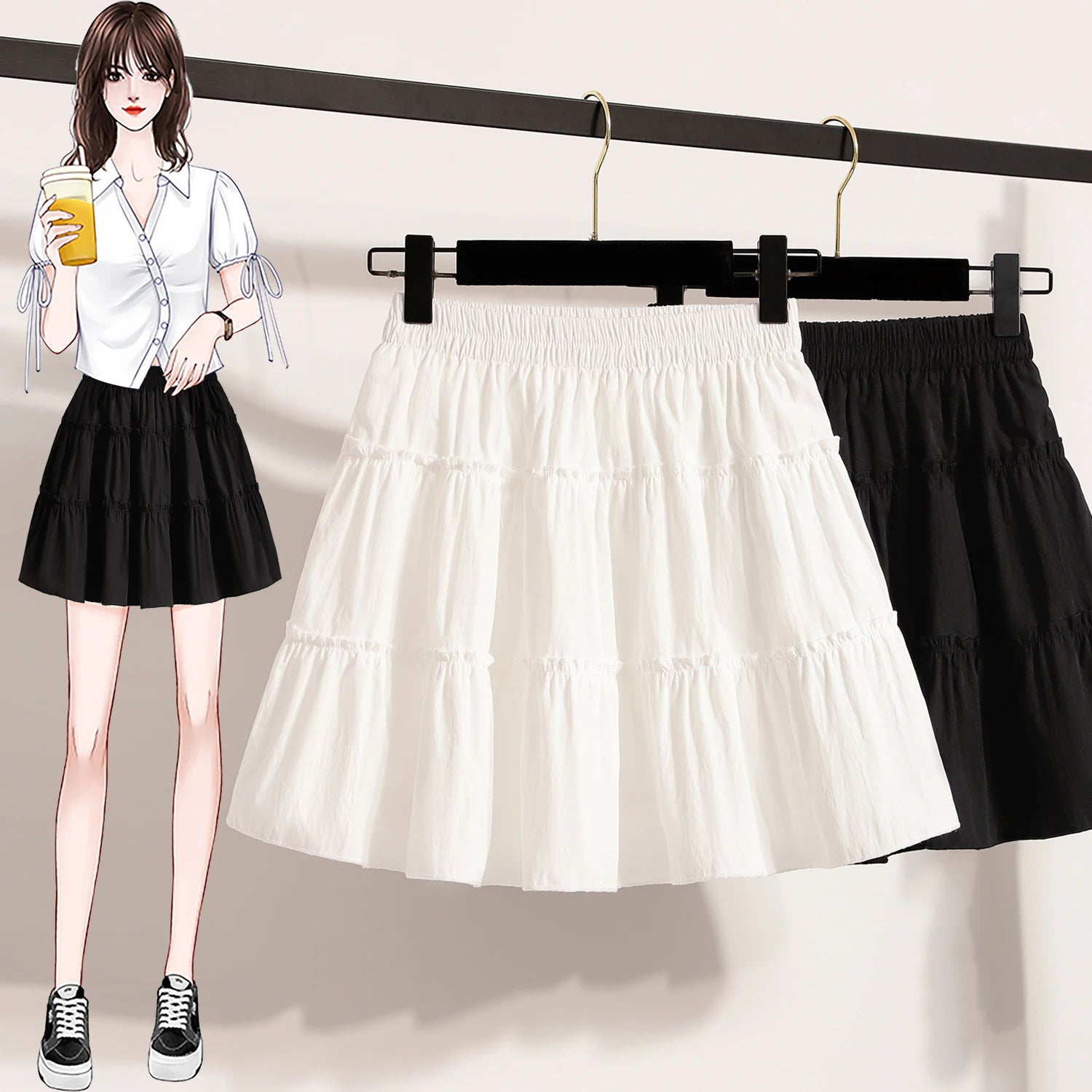 Plus Size Mini Skirt Women Summer 2025 New Arrival High Elastic Waist A Line Skirt With Lining Korean Style Black Or White Skirt
