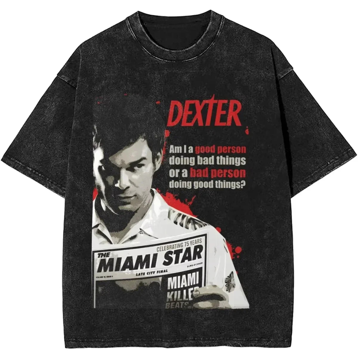 Mens T-Shirt Camisetas Short Sleeved Round Neck Y2k Tshirt New Dexter Morgan Edition Middle Finger Retro Trendy Vintage Washed