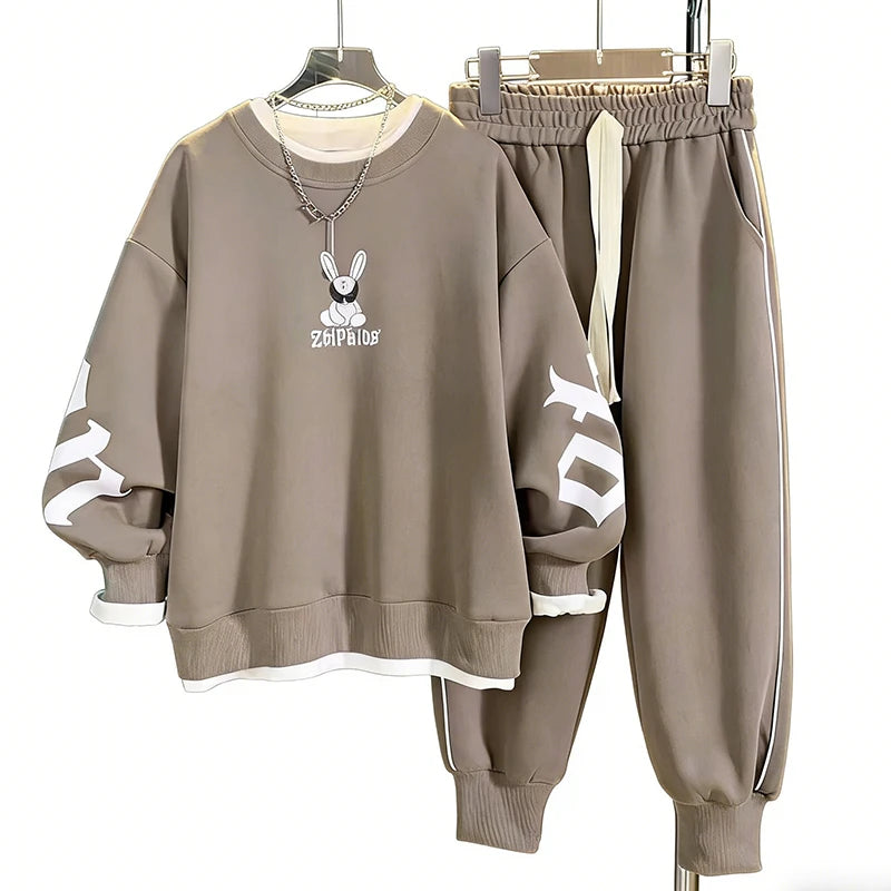 Kids 2 Piece Tracksuit 120-170cm Fake Two Piece Rabbit Print Sweatshirt + Elastic Jogger Pants Casual Loose Sportswear Set Boys