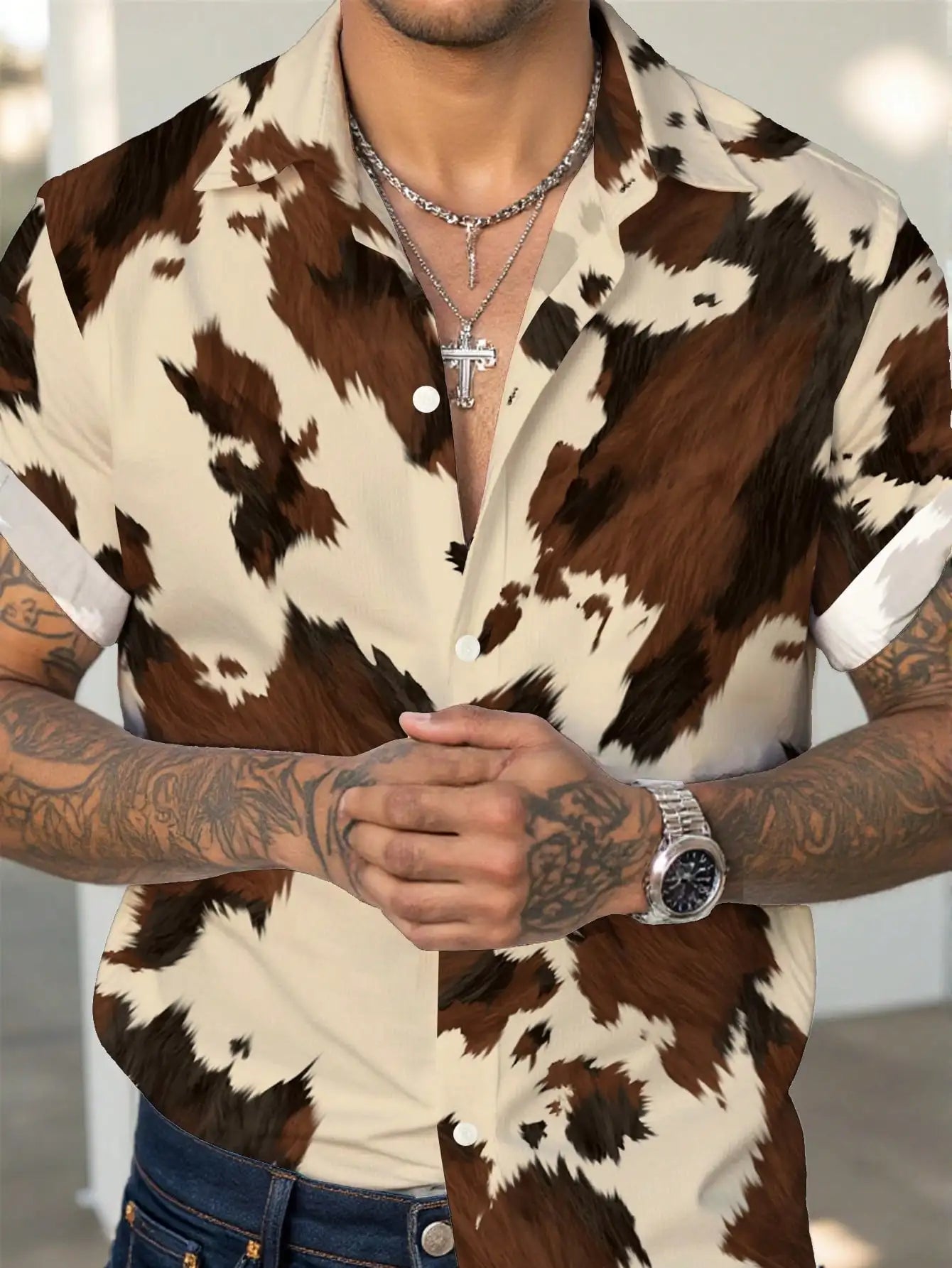 Men's Casual Western-Style Cow Print Button-Front Short Sleeve Shirt for Summer