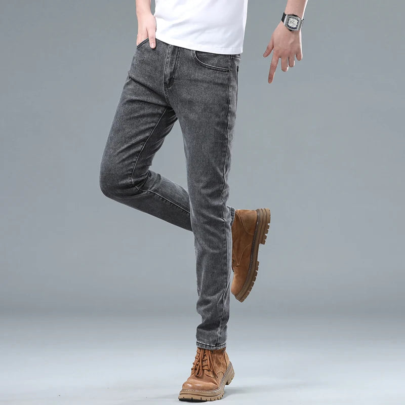 Stretch Pencil Cargo Jeans Gray Men High Street Casual Denim Trousers Fashion Personality Straight Little Feet Men's Pants