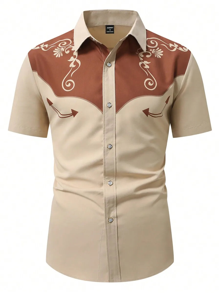 Men's Western-Style Short Sleeve Shirt with Floral Embroidery Pattern