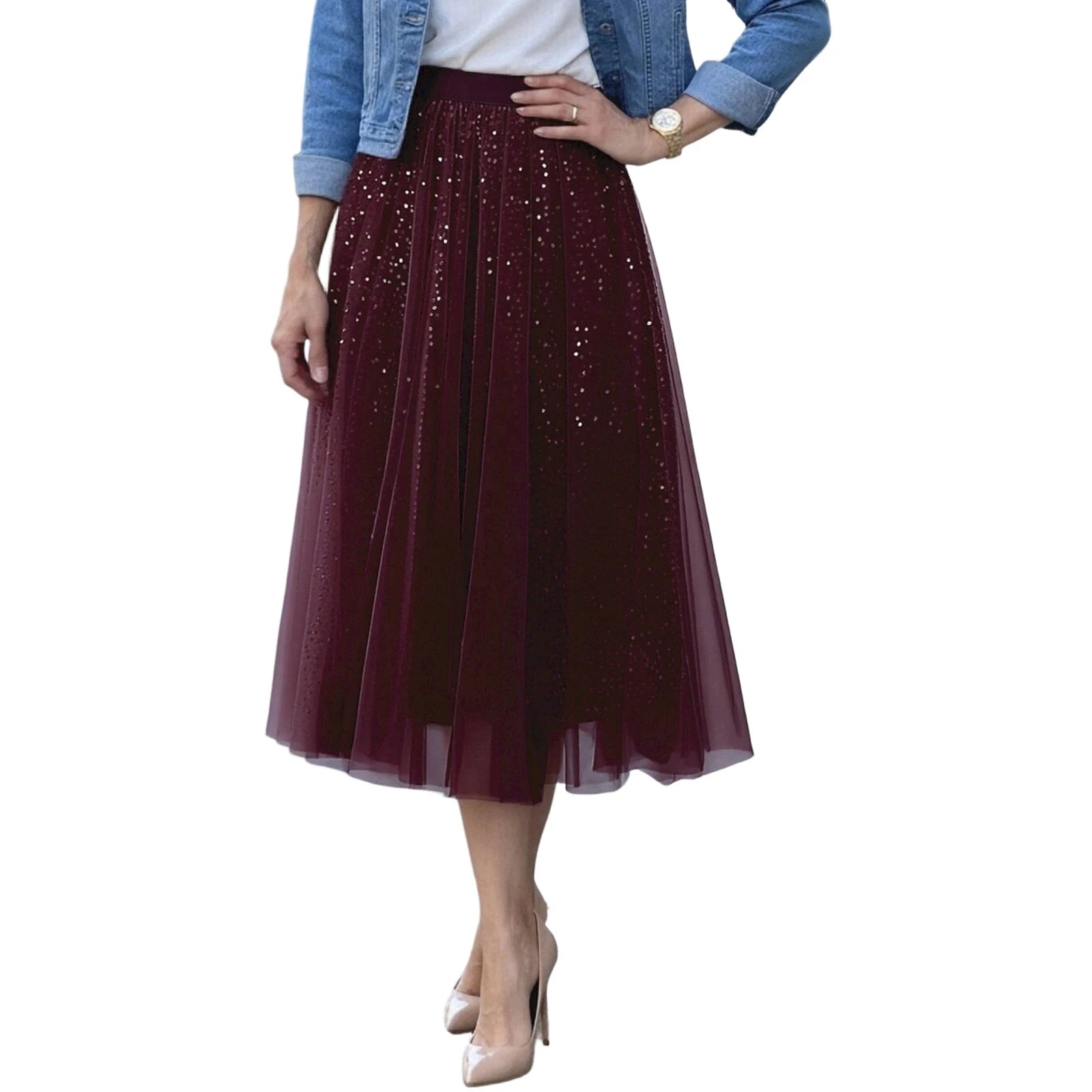 Elegant Sequin Embellished Knee-Length Mesh Skirt with Stretchy Waistband Perfect for Work Events and Nights Out