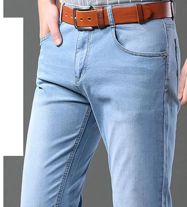 Men's Thin Jeans 2025 Summer New Style Business Casual Slim Fit Elastic Classic Style Trousers Sky Blue Pants Male size 28-40