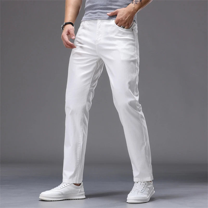 98% Cotton White Jeans Men's Fashion Korean Style Slim Straight Elastic Denim Pants Soft and Comfortable Spring Casual Trousers
