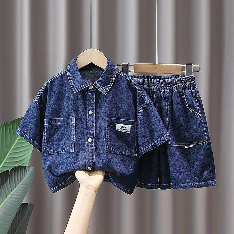 Boys Summer Denim Suit 2026 New Children's Baby Short Sleeved Shirt Shorts Two-piece Set  2Pcs Suits 2-10Years Old Casual Outfit