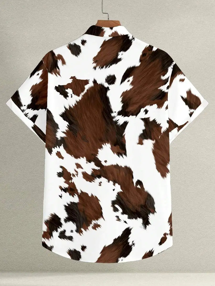 Men's Casual Western-Style Cow Print Button-Front Short Sleeve Shirt for Summer