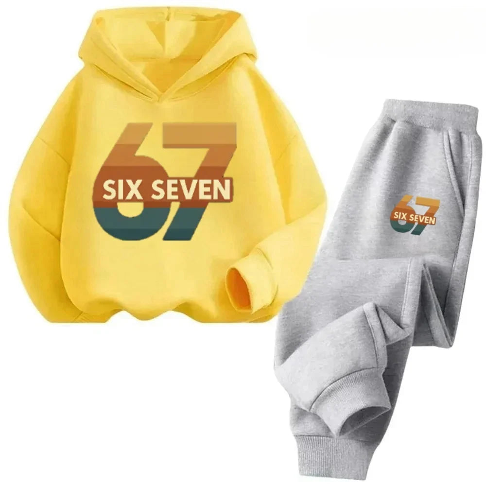 New 67 pattern printed hooded sweatshirt with sweatpants for autumn and winter, comfortable and loose 2-piece set for children