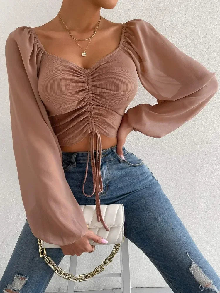 Sexy V-neck Women Blouses Drawstring Long Sleeve Crop Tops Ladies Fashion Summer Short Shirt Woman Clothes Blusas Camisas Mujer