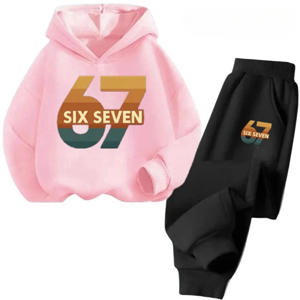 New 67 pattern printed hooded sweatshirt with sweatpants for autumn and winter, comfortable and loose 2-piece set for children
