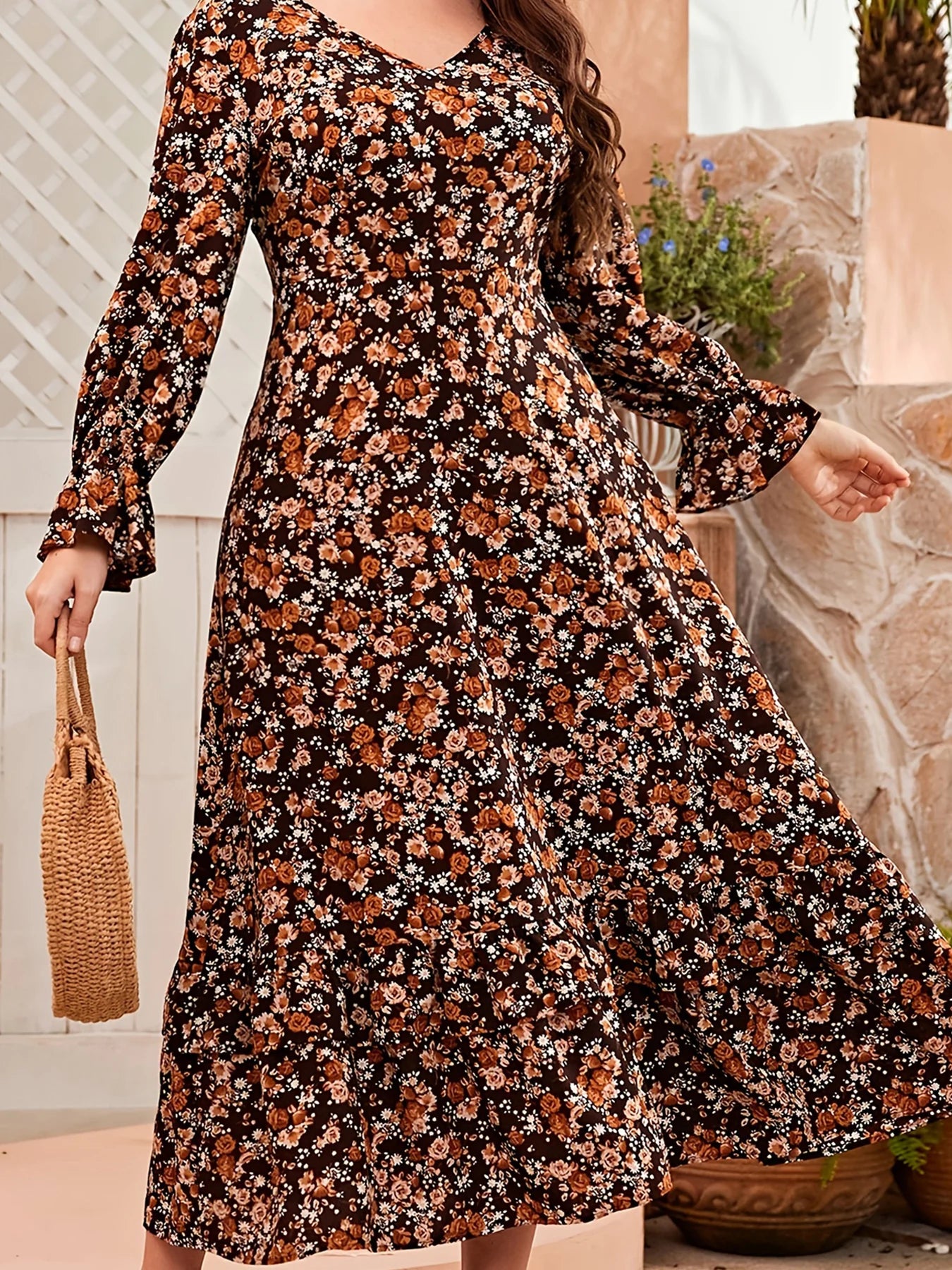 Plus Size Women's Clothing European and American Style Plus Size Fashion Elastic Waist Small Floral Print Dress