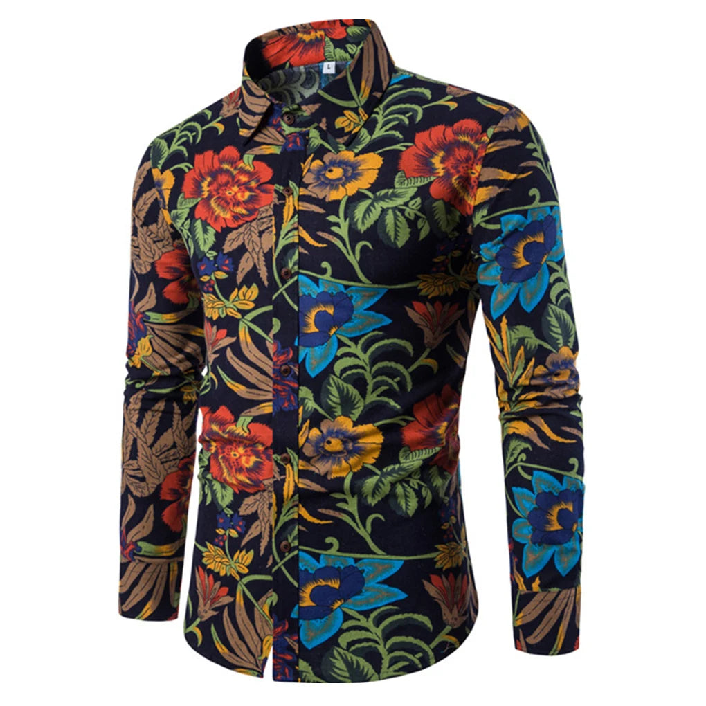 Plus Size Men Floral Print Casual Slim Fit Shirt Turn-down Collar Long Sleeve Shirt